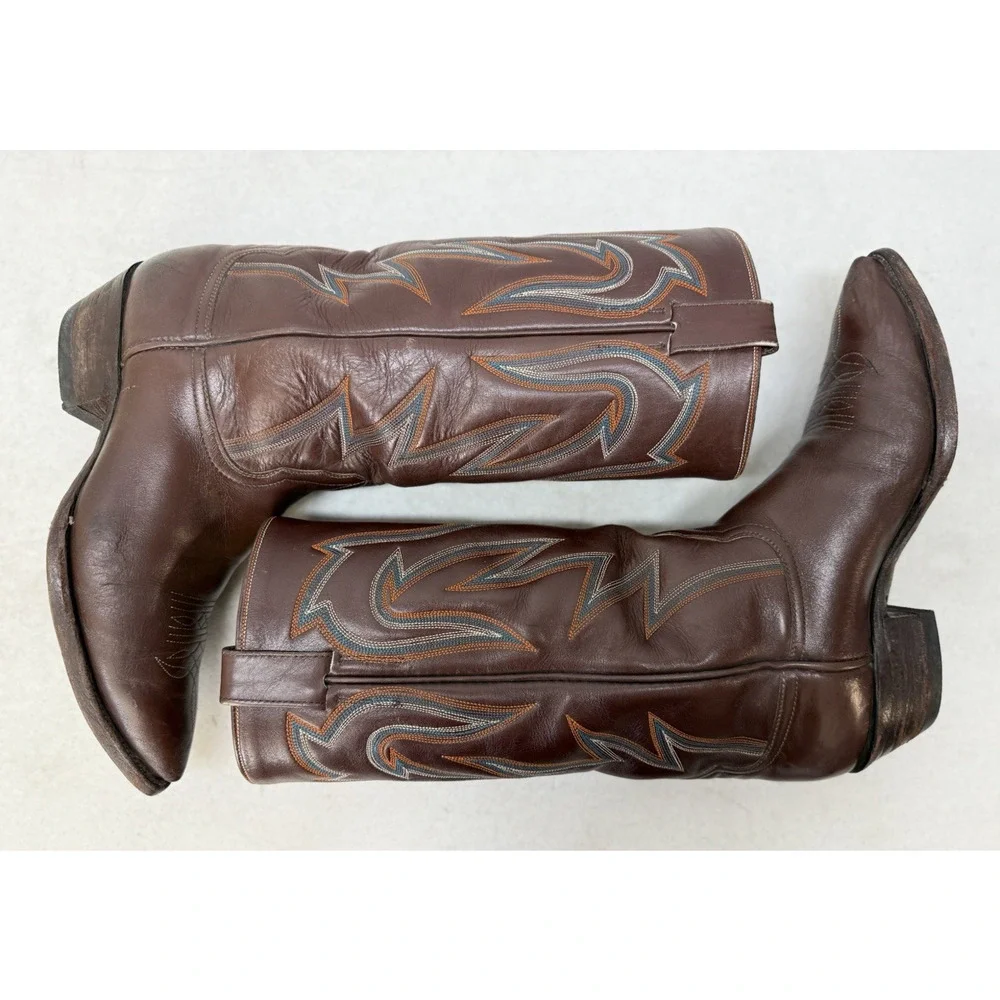 AUSTIN HALL BOOTS Handmade Men’s Brown Leather Western Cowboy Boots - Picture 7 of 15